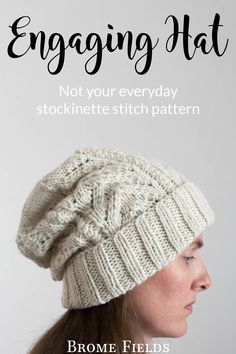 model wearing a striped knitted beanie hat Dk Hat Pattern, Straight Needle Hat Pattern, Dk Hat Knitting Patterns Free, Free Knitting Hat Patterns, Free Knit Hat Patterns, Slouchy Hat Knitting Pattern, Headband Knit