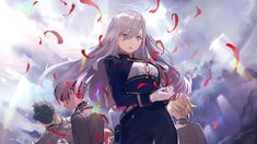 an anime character with long white hair standing in front of other characters and confetti