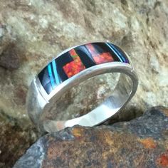 David Rosales Red Moon Fancy Inlaid Sterling Silver Ring Mens Turquoise Rings, Contemporary Southwest, Arrow Jewelry, Huggie Earrings Silver, Silver Link Bracelet, Black Arrow, American Indian Jewelry, Southwest Jewelry, Red Moon