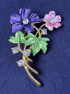 Enamelled flower brooch, with crystals gold metal roll over clasp Gold Flower-shaped Brooch With Rhinestones, Gold Flower-shaped Brooches With Rhinestones, Gold Flower-shaped Rhinestone Brooches, Gold Flower Brooches With Rhinestones, Flower Shaped Costume Jewelry Brooch, Crystal Brooch, Enamel Flower, Flower Brooch, Brooches