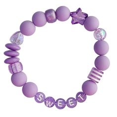 Add a sweet accent to your outfit with this adorably vibrant wrist candy. Stretchy letter bracelet with purple gumball beads & iridescent shapes Rave Candies, Kandi Phrases, Pastel Bracelet, Diy Kandi, Kandi Bracelets, Wrist Candy, Letter Bracelet, Your Outfit, Beaded Bracelet