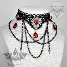 Red Royal Necklace With Black Lace and Rhinestones Plus Draped - Etsy Bulgaria Halloween Wedding Jewelry, Royal Necklace, Black Lace Necklace, Wedding Halloween, Festival Birthday, Goth Wedding, Cosplay Accessories, Lace Necklace, Goth Jewelry