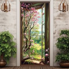 an open window with pink flowers on the outside