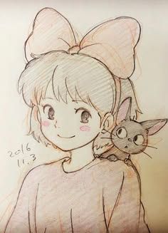 a drawing of a girl holding a cat