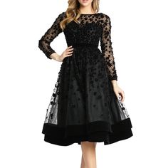 Mac Duggal Embellished Floral Appliqu A-Line Tea Length Dress In Black 67007d Velvet Waistband Sheer Long Sleeves Strapless Lining Sheer Back Embellished With Flowers And Beads Sheer Bateau Neck And Bracelet Sleeves Flared Mesh Skirt Weighted By A Velvet Hem New With Tags There Is A Loose Flower On One Sleeve, Pictured In The Last Photo. Otherwise In Good Condition. Approximate Measurements: Armpit To Armpit 16 Inches, Waist 13.5 Inches, Length 43 Inches Size 4 No Stains Item Rack 1 Fit And Flar Black Embellished A-line Evening Dress, Knee-length Floral Embellished Evening Midi Dress, Glamorous Black Midi Dress For Wedding, Black Glamorous Midi Dress For Wedding, Floral Embellished A-line Evening Dress, Embellished Black A-line Evening Dress, Black Embellished Long Sleeve Midi Dress, Black Floral Embellished Evening Dress, Black Floral Embellished Evening Dress For Wedding