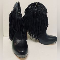 New In Box Sam Edelman Kiana ~ Black Leather, Silvertone Studs, Jet Faceted Crystals , Long Fringe, 5” Heel With 1” Platform~ Bootie. Size 9.5m. Love This Boots Just To High For Me Punk Evening Boots With Round Toe, Black Leather Party Shoes With Leather Lining, Black Leather Shoes With Leather Lining For Party, Punk Style Evening Boots With Round Toe, Western Style Round Toe Party Heels, Western Style Heels With Round Toe For Party, Western Style Round Toe Heels For Party, Western Style Leather High Heel Moto Boots, Black Western Boots For Evening