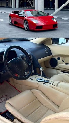 the interior and dashboard of a sports car in two different shots, one red and one black