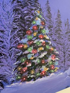 a painting of a christmas tree in the snow