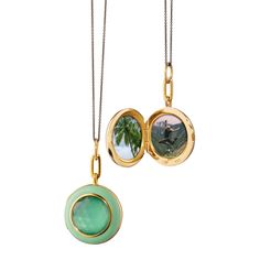 Green Enamel and Vermeil Locket with Green Amethyst Round Locket, Gold Locket, Steel Chain, Green Agate, Sustainable Jewelry, Green Enamel, Green Amethyst, Black Steel, Gold Vermeil