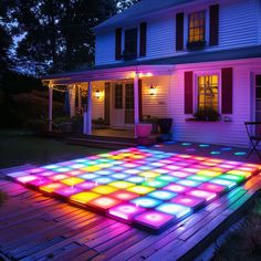 an illuminated dance floor in front of a house