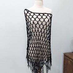 Cool Black Crochet Wrap From Nordstrom. Condition: Very Good - New With Tags And Never Worn Brand: Shine Size: O/S Fabric: Rayon, Nylon Year: 2003 Neck: 16" Length: 26-32" Width: 30" Stretches Out To Important Policies Please Read The Entire Description & View All Photos Before Purchasing. We Photograph Multiple Angles For Accuracy & Detail, Photographs Are Part Of The Description. Please Ask Questions Prior To Purchase. All Communication/Payments Are Made Through This Site Only. All Sales Are F Black Open Knit Sweater, Boho Knit, Black Shrug, Blanket Poncho, Cozy Wrap, Whimsy Goth, Poncho Wrap, Crochet Things, Fringed Poncho