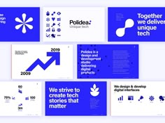 several blue and white brochures with the words we drive to create tech stories that matter