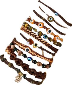 Hippie Style Brown Bracelets For Gifts, Assorted Adjustable Bracelet Jewelry, Adjustable Assorted Color Bracelet Jewelry, Assorted Adjustable Spiritual Jewelry, Handmade Brown Hippie Bracelets, Adjustable Assorted Color Bracelet, Handmade Brown Hippie Bracelet, Multicolor Bohemian Evil Eye Bracelet For Festivals, Bohemian Adjustable Hand-strung Evil Eye Bracelet