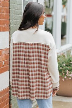 Say yes to this versatile cozy plaid sweatshirt! This taupe plaid French terry sweatshirt boasts long sleeves and a round neckline. Made of 100% cotton, it features a plaid contrasting French terry knit fabric for comfort and style. Simply pair it with jeans, sneakers, and dainty gold jewelry for a comfy chic outfit! Casual Plaid Sweater For Layering, Fall Layering Waffle Knit Sweatshirt, Fall Waffle Knit Sweatshirt For Layering, Casual Fall Sweatshirt For Gatherings, Casual Plaid Long Sleeve Sweater, Plaid Crew Neck Sweater For Fall, Cream Cotton Sweatshirt For Fall, Casual Plaid Crew Neck Sweater, Long Sleeve Waffle Knit Sweatshirt For Fall