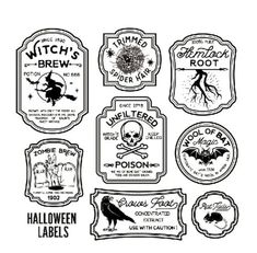 vintage halloween labels with bats, witches and other related items in black ink on white paper