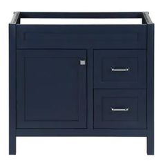 a bathroom vanity with two drawers and one door on the side, in dark blue