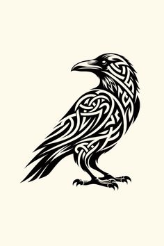 a black and white drawing of a raven with celtic patterns on it's wings