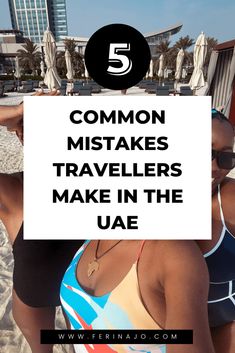 two women in bathing suits on the beach with text overlay that reads 5 common mistakes travelers make in the usa