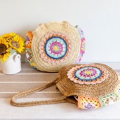 In stock fast shipping from Los Angeles! The Elena Handbags Boho Round Beach Straw Tote is the perfect accessory to elevate your summer style. Handcrafted with eco-friendly woven straw, this stunning boho shoulder bag is sure to make a statement whether you're beach-going, yoga-practicing or running everyday errands. Carry your essentials in style with this chic and sustainable tote. Zipper closureFully linedInside pocketStrap drop: 11 inchesSize: 17.5 in diameter Designer Style ID: 8627 Boho Round Beach Woven Bag, Handmade Straw Woven Shoulder Bag, Summer Beach Bag Multicolor Jute Shoulder Bag For Summer, Summer Multicolor Jute Shoulder Bag, Bohemian Bags With Adjustable Strap For Beach Season, Bohemian Bags With Adjustable Strap For Vacation, Bohemian Vacation Bags With Adjustable Strap, Multicolor Jute Shoulder Bag For Beach, Bohemian Vacation Bag With Adjustable Strap, Beige Bohemian Shoulder Bag For Spring, Bohemian Straw Tote Bag For Vacation