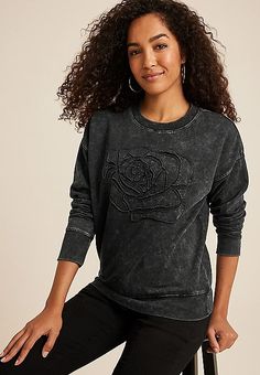 Rose Applique Oversized Fit Sweatshirt | maurices Denim Fashion Women, Rose Applique, Easy Stretches, Women Rising, Denim Accessories, Workout Sweatshirt, List Style, Fall Wardrobe, A Rose