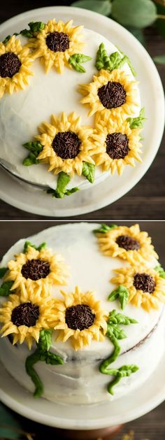 two pictures of a cake with sunflowers on it