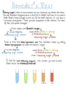 a whiteboard with some writing on it that says benedict's test and four test tubes filled with colored liquids