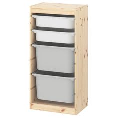 three white containers are stacked on top of each other in a wooden shelf with two black and one white bins