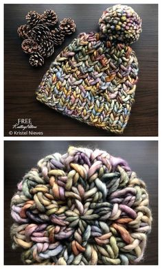 two pictures of different knitted hats with pine cones on top and one is made from yarn