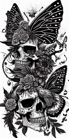 skulls with butterflies on their heads and flowers in their hair, one skull has been painted black