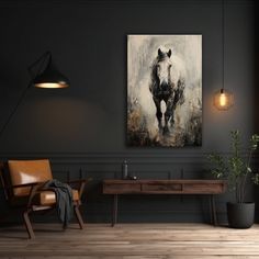 a painting on the wall of a room with a chair and table in front of it