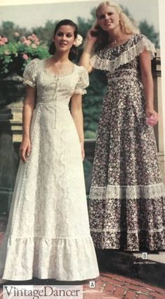 70s Romantic Fashion, 1970 Wedding Dress Pattern, Vintage Farmgirl Outfits, 1970s Prom Dress Vintage 70s, 70s White Outfit, 1970s Prairie Fashion, 70s Prairie Style, 70s Prom Dress 1970s, Prarie Dresses 70s