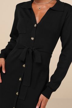 When it comes to autumn aesthetics we say the cozier the better, and that is why the Lulus Charming Comfort Black Collared Button-Up Sweater Dress is an optimal fall 'fit! This chic sweater knit dress starts with a classy collared neckline and long sleeves. A functional button placket and a front patch pocket accent the figure-flaunting bodycon silhouette that falls to a midi hem with twin side slits. A matching tying sash cinches at the waist for a perfect, adjustable fit! Fit: This garment fit Chic Sweater, Collared Sweater, To Autumn, Fall Fit, Chic Sweaters, Knit Sweater Dress, Sweater Knit, Button Placket, Knit Dress