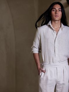 Paper Clothes, Cutaway Collar, Linen Shirt Dress, Luxury Linen, Traditional Dress, Linen Dress, Traditional Dresses, Cotton Dresses, Black Stripes