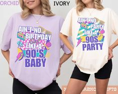 Get ready to party like it's the 90s with our "90s Theme Party Shirts." These group matching tees are perfect for your retro 90s birthday bash, offering comfort and style in trendy Comfort Colors. Designed to be oversized and fun, they make for the perfect 90s party outfit. Whether you're hitting the dance floor or reminiscing about the good old days, these tees are sure to add an extra dose of nostalgia to your celebration. Get ready to rock the 90s vibe with your squad in these awesome shirts! 90s Style Summer Party T-shirt, Pop Culture Birthday Tops With Letter Print, 90s Inspired Graphic Print Birthday T-shirt, Pop Culture Letter Print Birthday Tops, Pop Culture Letter Print Tops For Birthday, 90s Letter Print Tops For Birthday, 90s Inspired Graphic Print T-shirt For Birthdays, 90s Inspired Graphic Print T-shirt For Birthday, Summer Birthday T-shirt With Sublimation Print