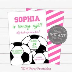 soccer ball birthday party invitation with pink and white stripes on the front, black and white balls on the back