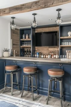 a bar with three stools in front of it