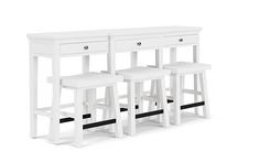 three white stools and a table on a white background