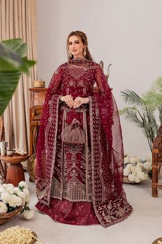 Maroon Red Embroidered Pakistani Wedding Dress Long Frock Lehenga Maroon Pakistani Dress, Layer Lehenga, Maroon Dupatta, Maroon Lehenga, Net Sleeves, Dupatta Border, Net Shirt, Golden Embroidery, Long Frock