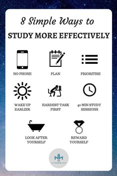 a poster with the words 8 simple ways to study more effectively in black and white