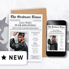 an image of graduation announcement with the graduate times on it and a phone next to it