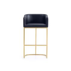 a black leather bar stool with gold frame and foot rest on an isolated white background