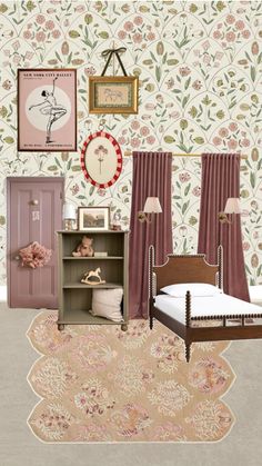 a bedroom with floral wallpaper and pink curtains