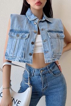 Item Type: CoatMaterial: DenimCollar: LapelSleeve Length: SleevelessColor: Black. Light BlueSize: S.M.L Size(cm) Top Length Bust Shoulder Width S 38 94 37 M 39 98 38 L 40 102 39 Sleeveless Vest Jacket, Denim Collar, Rhinestone Dress, Sleeveless Vest, Casual Denim, Bandage Dress, Mesh Dress, Denim Vest, Black Light