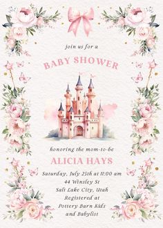 a baby shower is shown with pink flowers and princess castle in the center, as well as