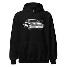 a black hoodie with an american muscle car on the front and white lettering that says, no american muscle