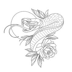 a drawing of a snake with roses on it's back and the tail curled up