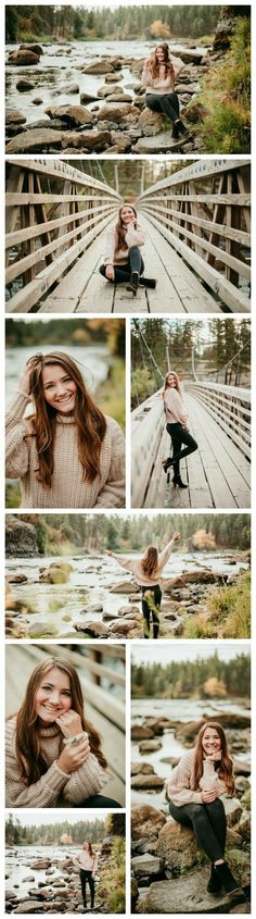 a woman sitting on top of a wooden bridge