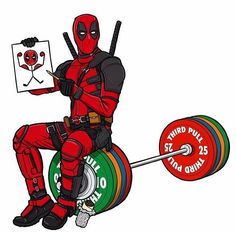 the deadpool is sitting on top of a barbell and holding a sign that says deadpool