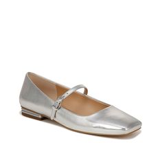 Franco Sarto-Tinsley Mary Jane Flat Look flattering in the Franco Sarto Tinsley Mary Jane flat. The Italian-inspired flat, designed with a trendy square toe, has an InFORMA technology offering impressive comfort and support. An adjustable buckle strap closure provides an optimal fit. Silver Mary Janes Outfit Women, Flat Synthetic Mary Janes, Silver Mary Janes, Silver Round Toe Mary Janes, Chic Silver Slip-on Flats, Silver Slip-on Flats With Round Toe, Trendy Flats, Vintage Kelly, Bridal Wedding Shoes