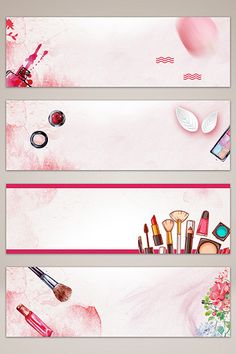 three banners with cosmetics and makeup products on them